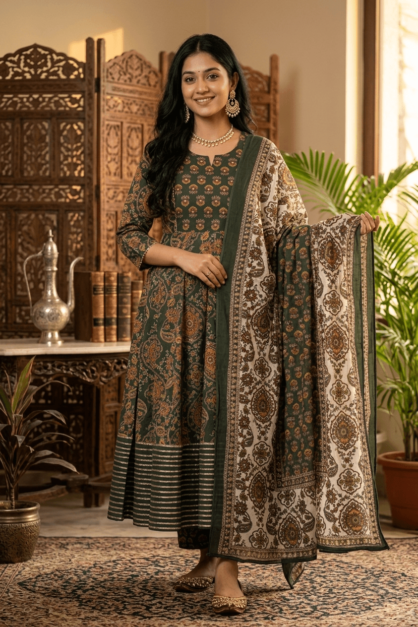 Olive Green Printed Cotton Anarkali Suit Set with Dupatta