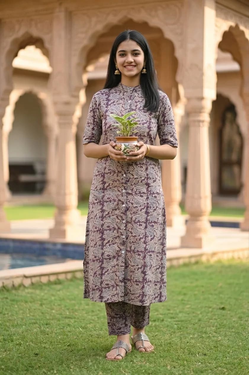 Deep Plum Floral Geometric Printed Katha Cotton A-Line Co-ord Set